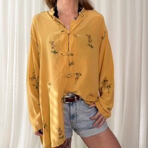 Chico's Silk Floral Blouse Yellow Button Up Lightweight Boho Top Size 3